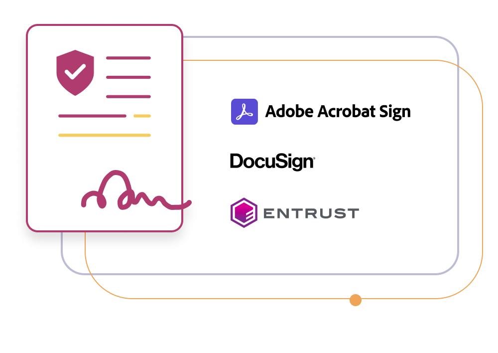 Illustration of a signed document and Adober Acrobat Sign, DocuSign, Entrust logos