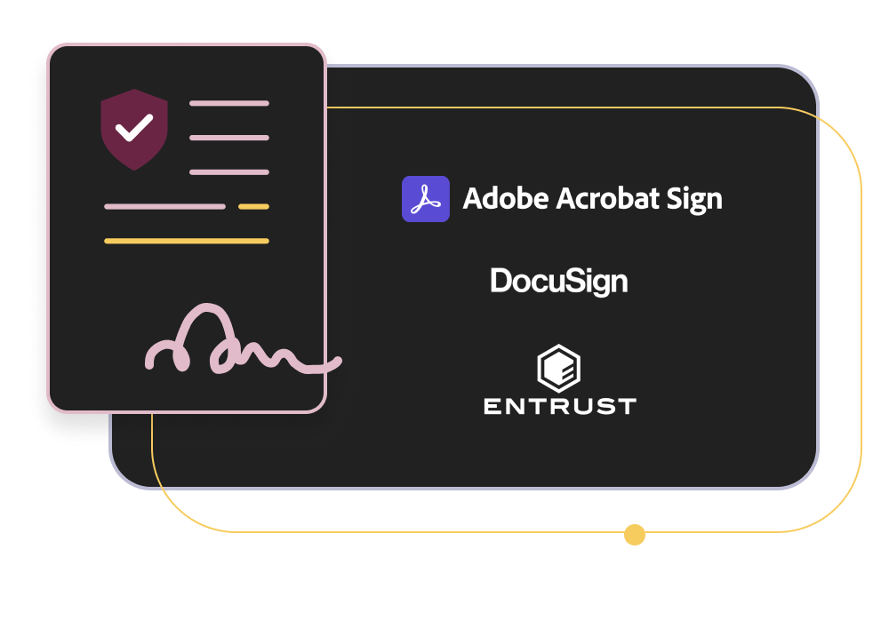 Illustration of a signed document and Adober Acrobat Sign, DocuSign, Entrust logos