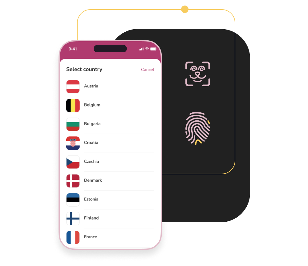 Illustration of a cellphone with a language list and biometric symbols