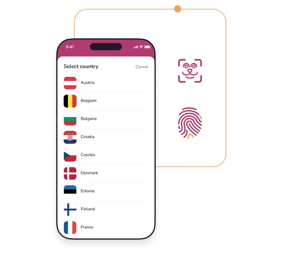 Illustration of a cellphone with a language list and biometric symbols