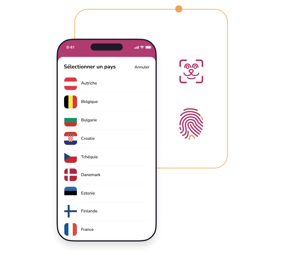 Illustration d'un téléphone portable avec une liste de langues et des symboles biométriques